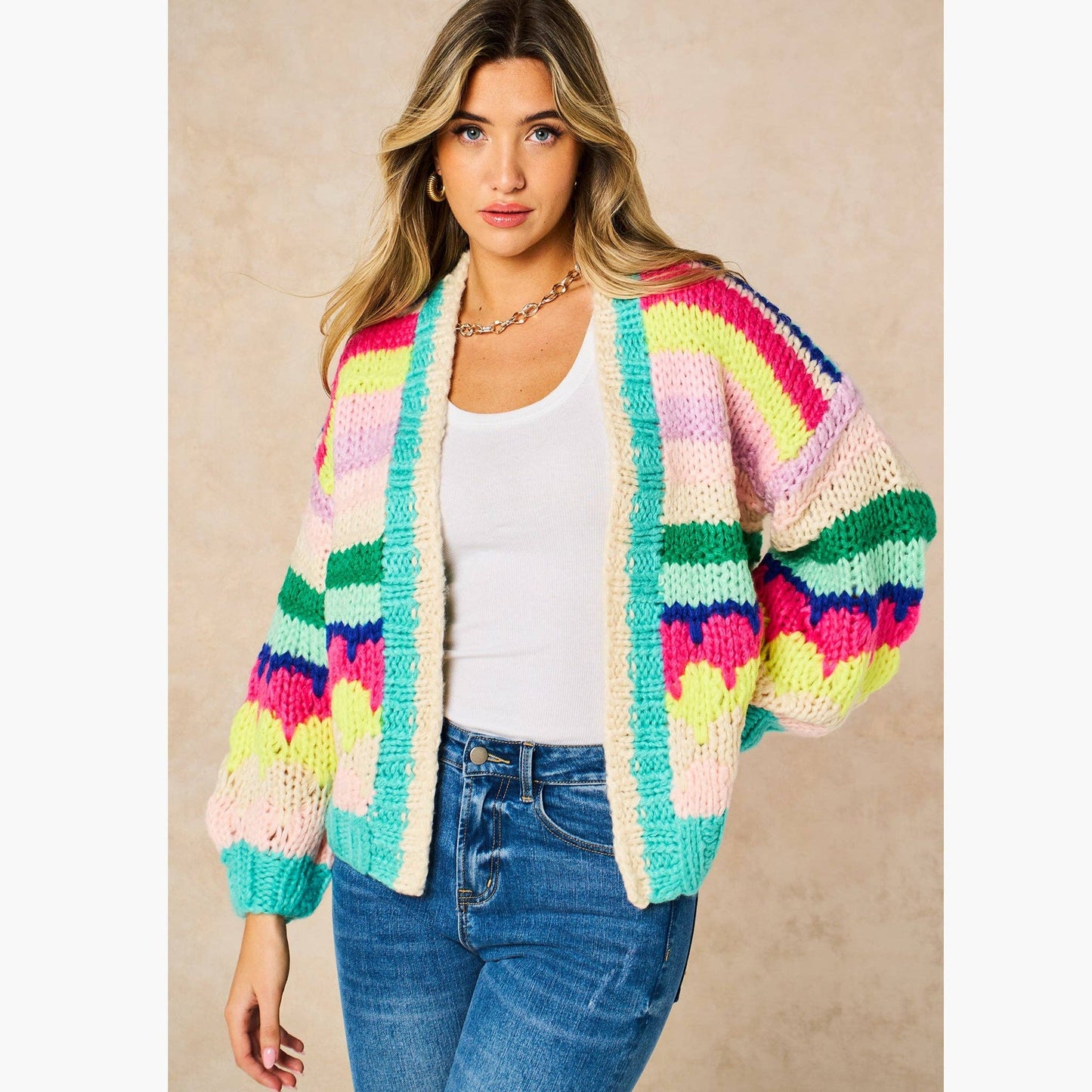 Hand Knitted Rainbow Striped Cardigan in Multi: One-size (UK 8-18)