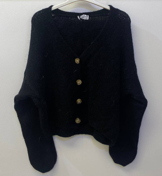 Mohair Blend Tortoise Shell Button Cardigan: Black / One Size (UK8-16/18)