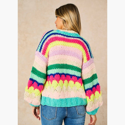 Hand Knitted Rainbow Striped Cardigan in Multi: One-size (UK 8-18)