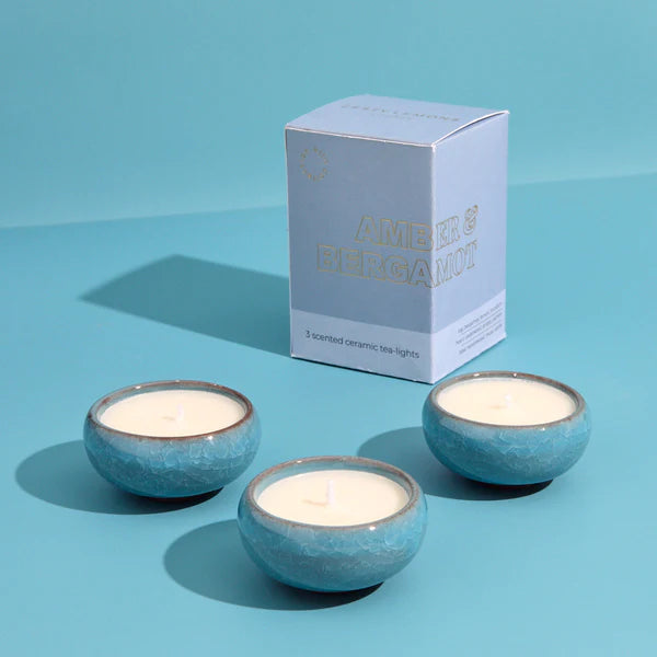 Contemporary Kiln Sky Blue Tea Lights - Amber & Bergamot