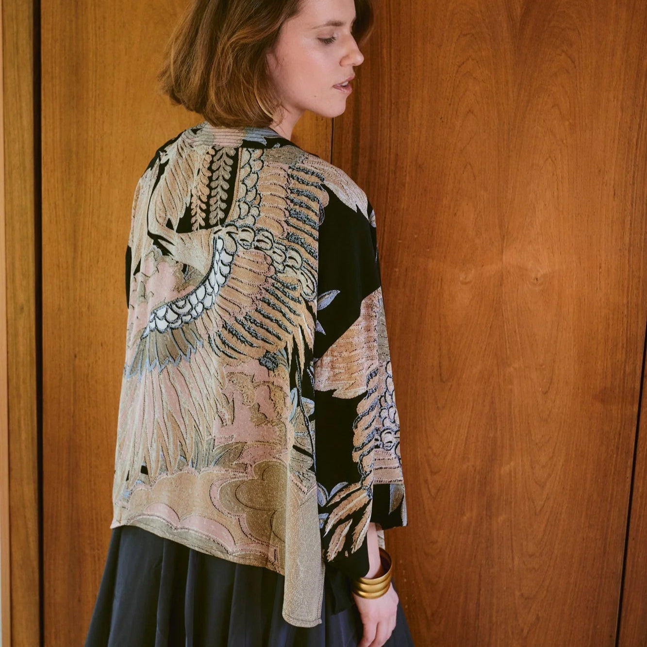 Crane Black Crepe Kimono