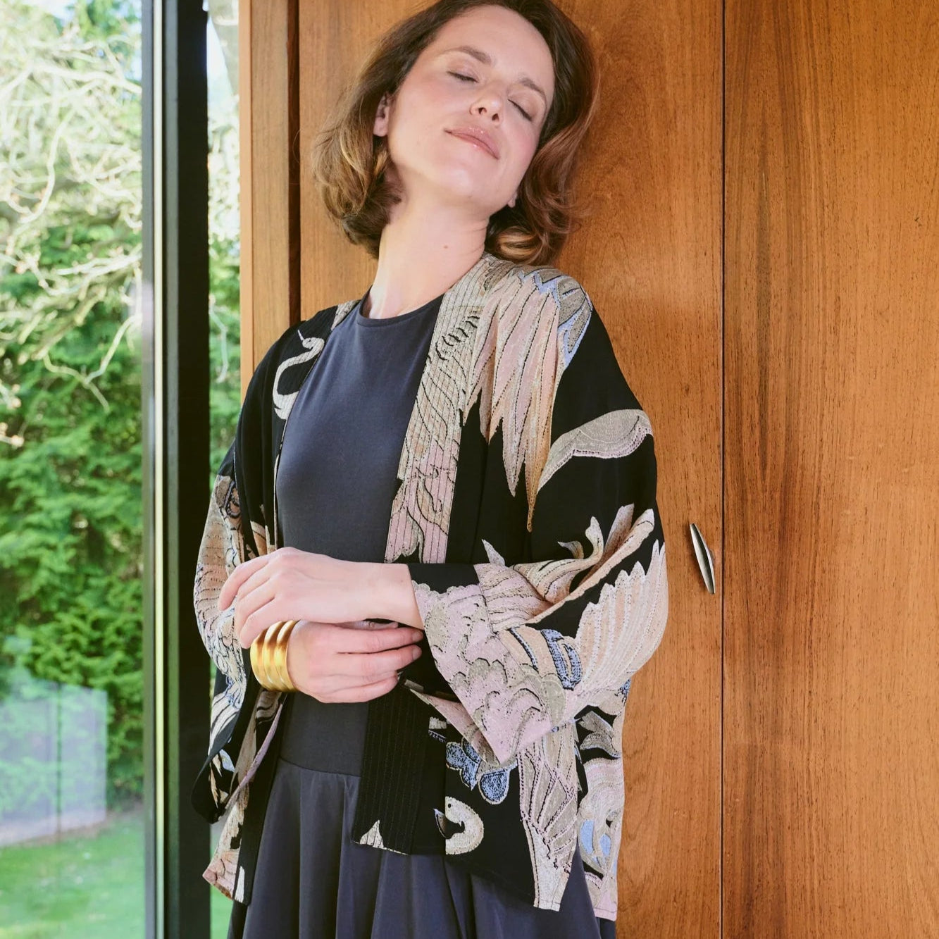 Crane Black Crepe Kimono