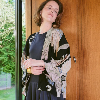 Crane Black Crepe Kimono