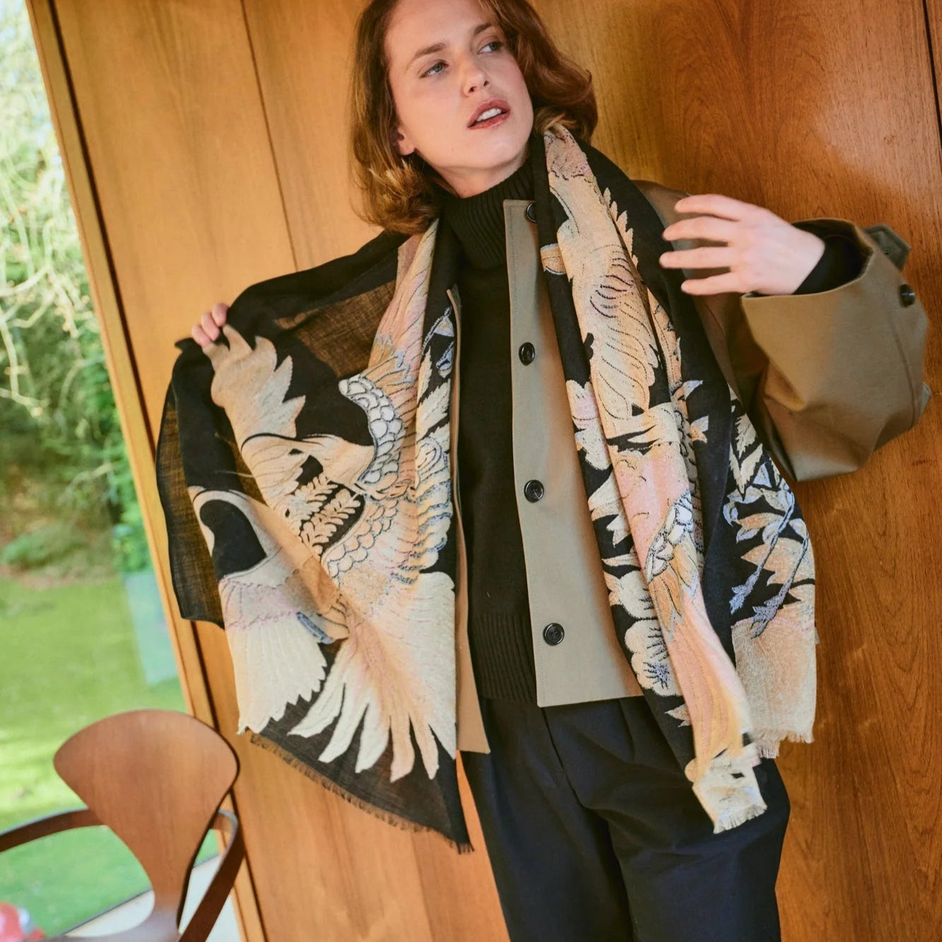 Crane Black Wool Scarf