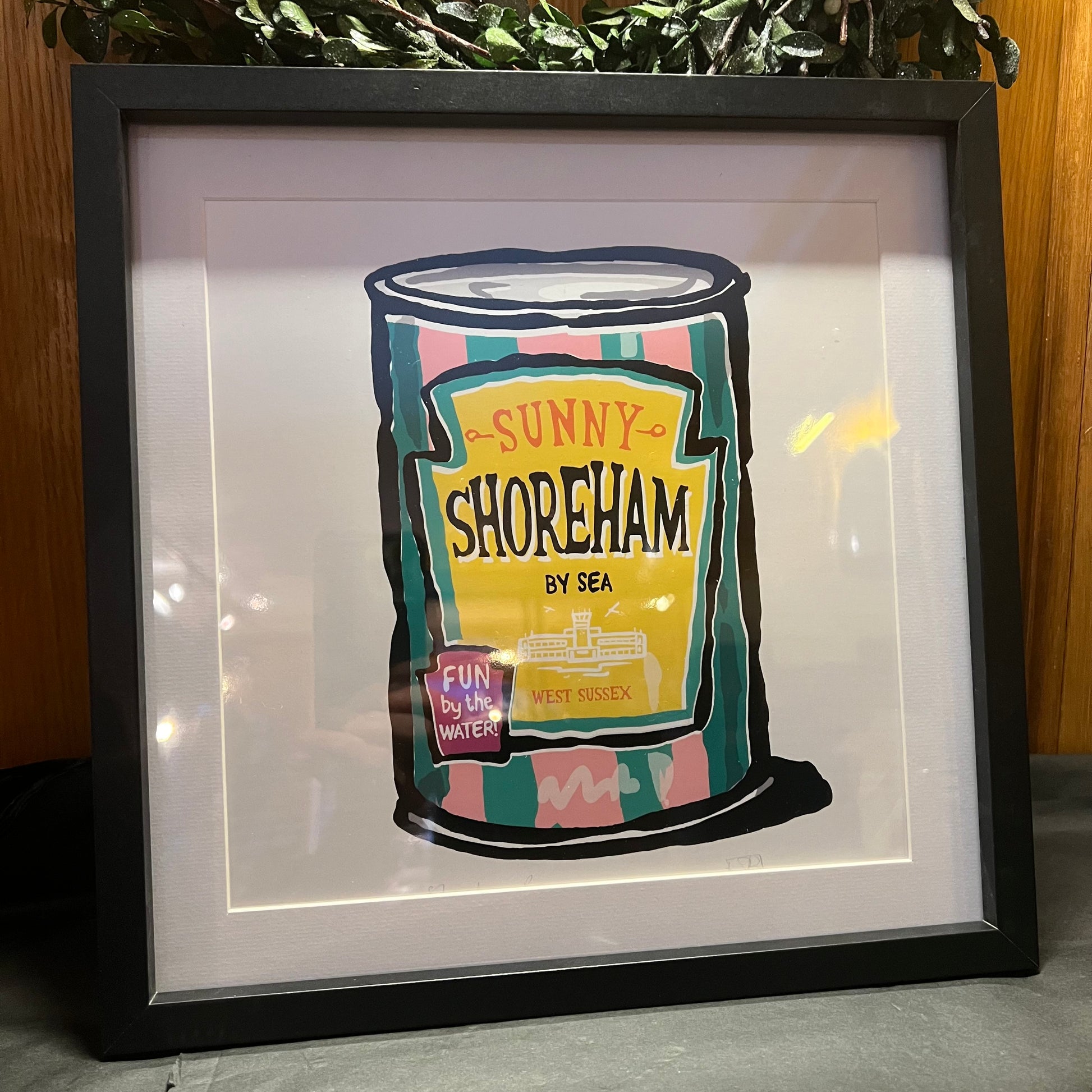 Framed in store picture of Shoreham Beans Tin 