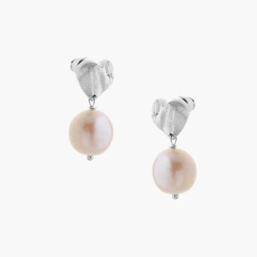 Heart Shaped Earrings in Silver with freshwater Pearl drop
