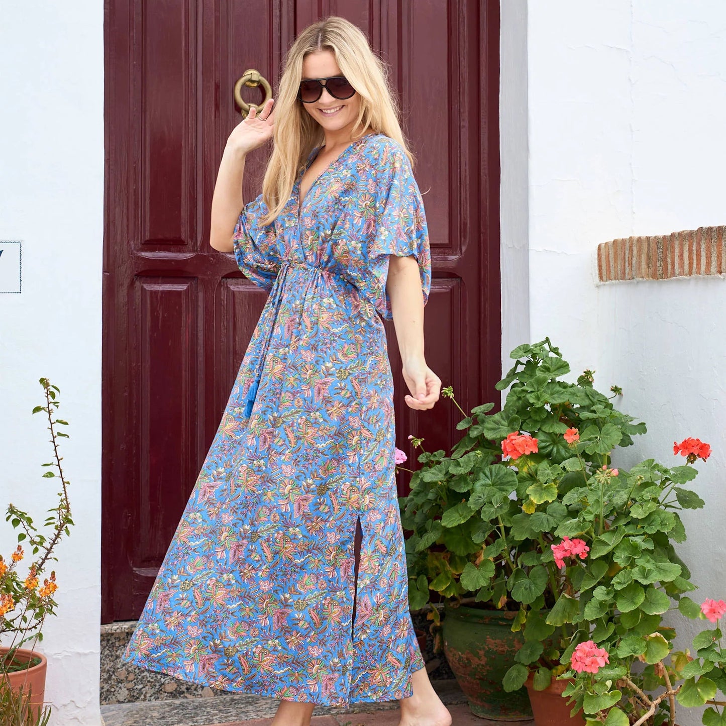 Black Colour - Luna Long V - Neck Dress - Violet Blue