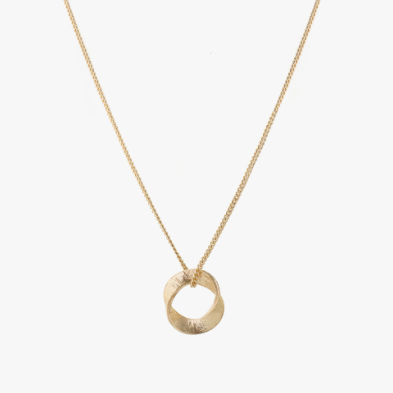 Gold necklace with a unique pendant on a white background