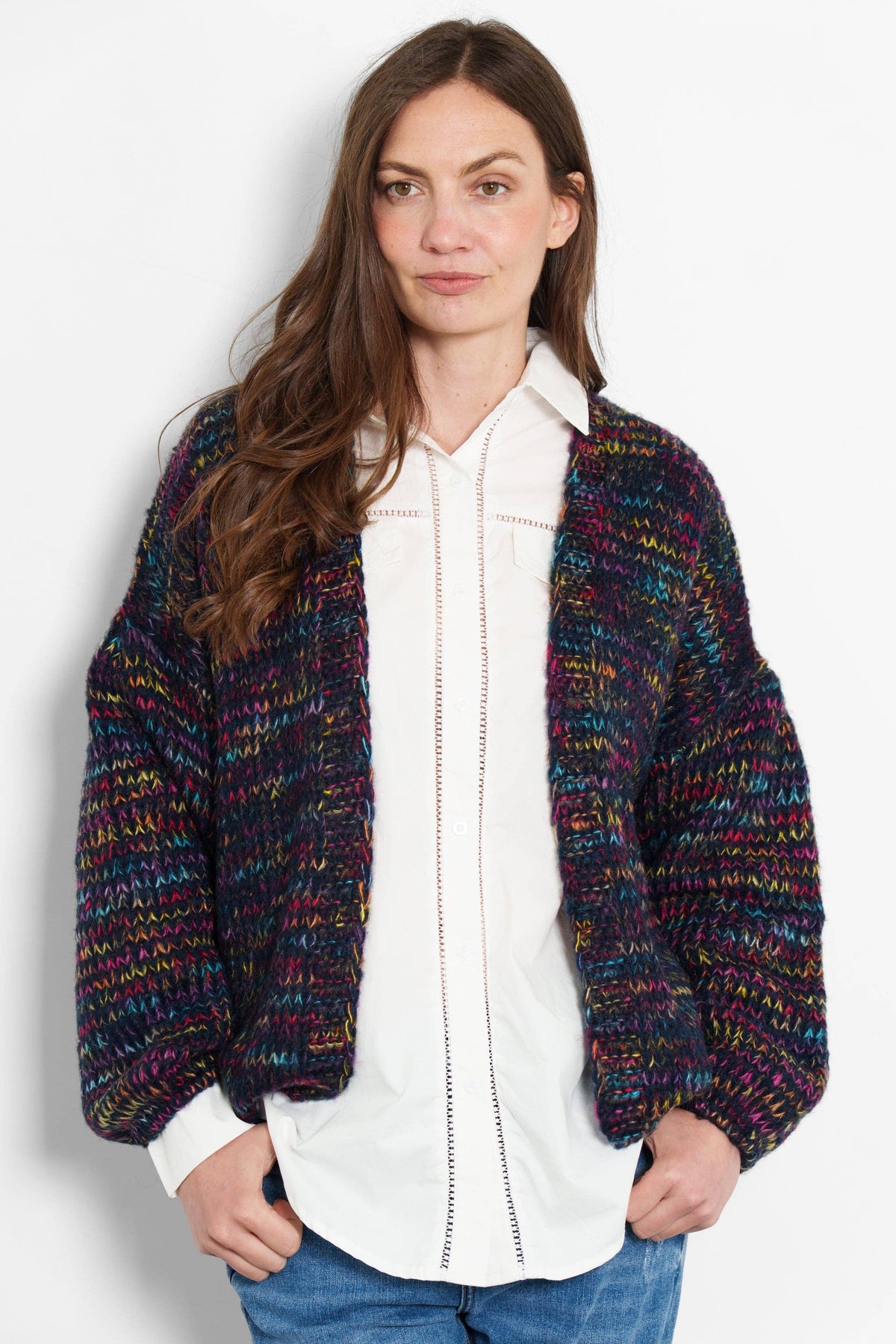 Brodie Wool Blend Cardigan - Navy Blue, Rainbow Knit - Large (UK 16-18)