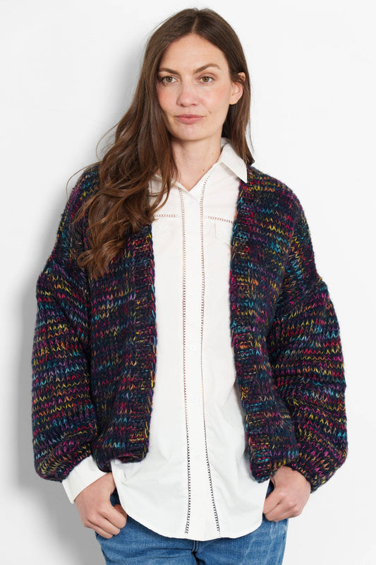 Brodie Wool Blend Cardigan - Navy Blue, Rainbow Knit - Small (UK 8-10)
