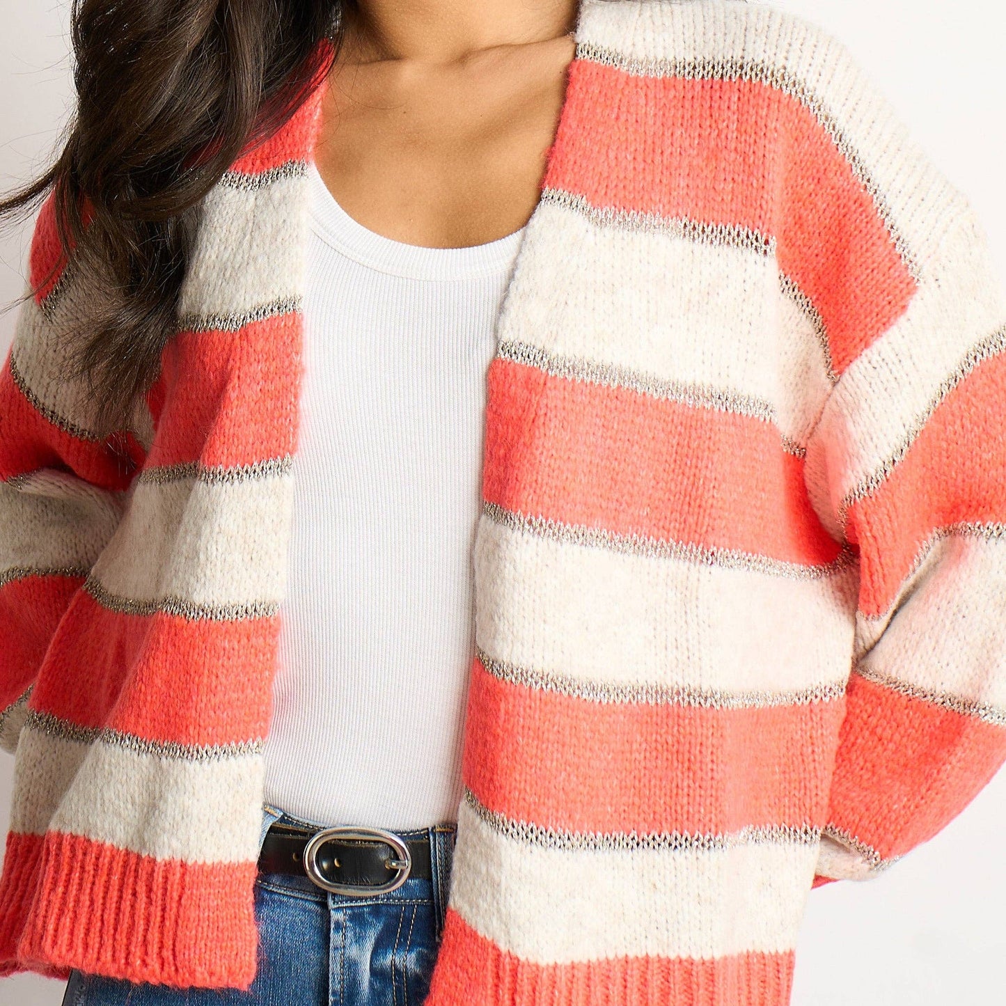 Glitter Striped Italian Wool Blend Cardigan in Coral: One-size (UK 8-18)