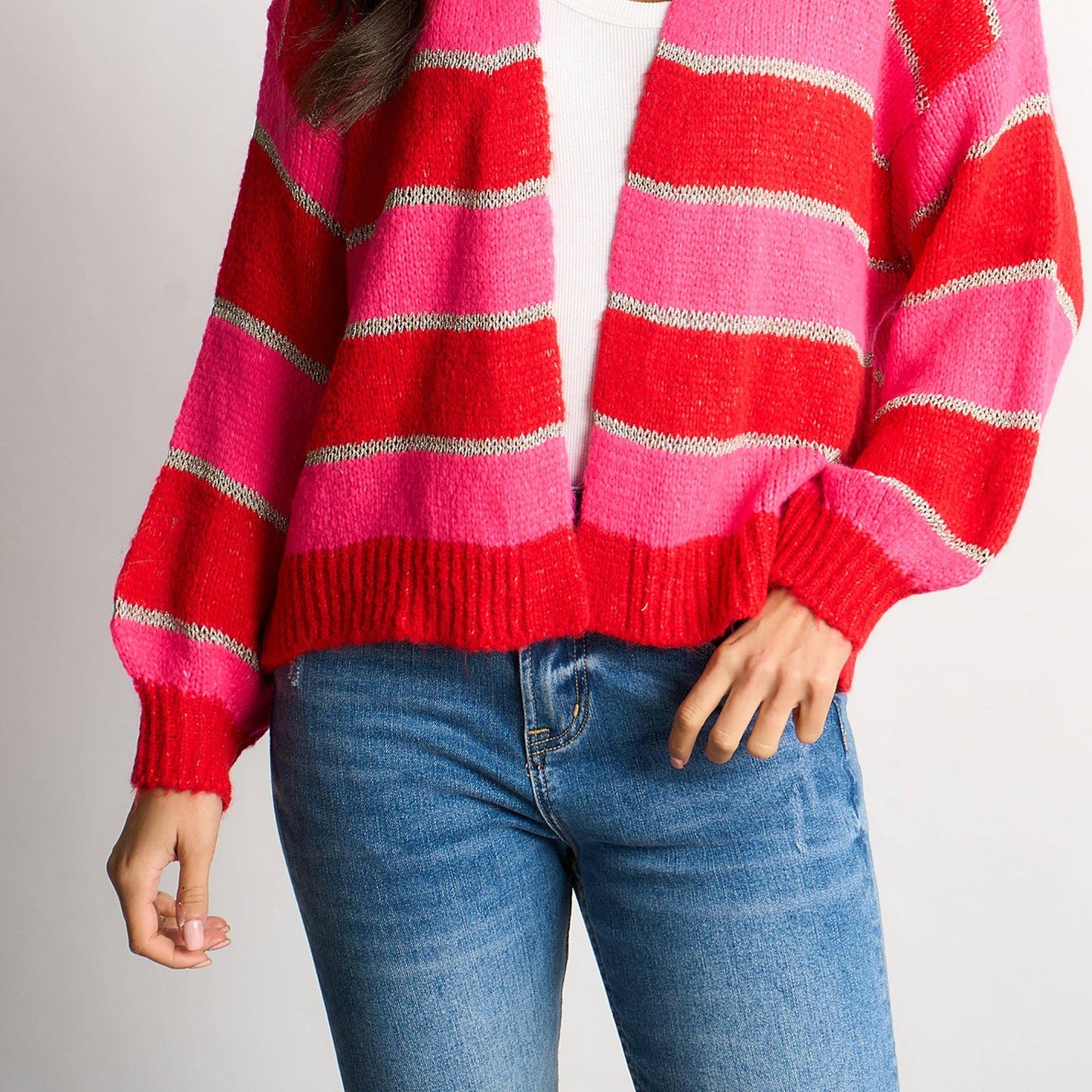 Glitter Striped Italian Wool Blend Cardigan in Red: One-size (UK 8-18)