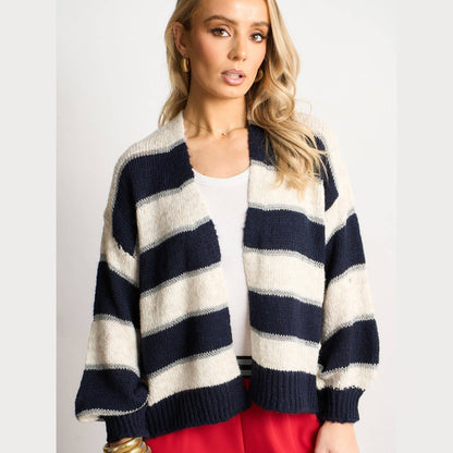 Glitter Striped Italian Wool Blend Cardigan in Navy Blue: One-size (UK 8-18)