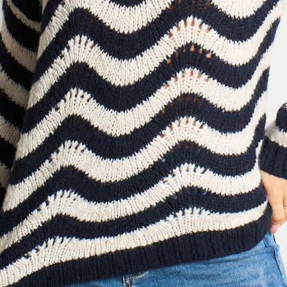 Wave Stripe Scalloped Italian Wool Blend Jumper in Cream/Navy Blue - One-size (UK 8-18)