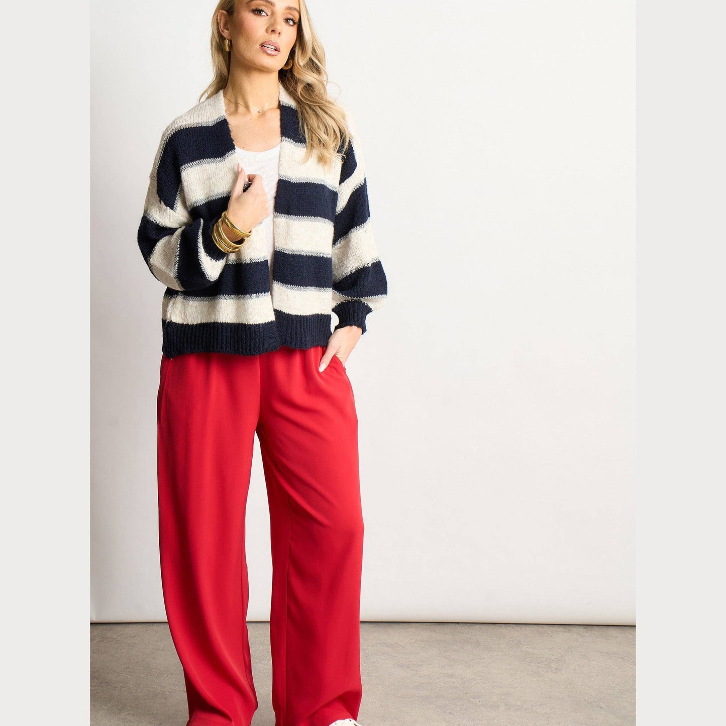 Glitter Striped Italian Wool Blend Cardigan in Navy Blue: One-size (UK 8-18)