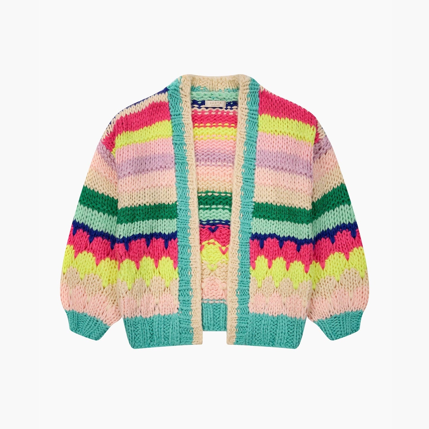 Hand Knitted Rainbow Striped Cardigan in Multi: One-size (UK 8-18)