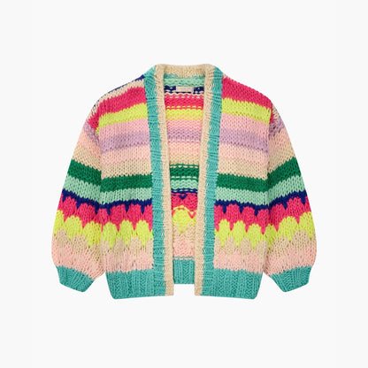 Hand Knitted Rainbow Striped Cardigan in Multi: One-size (UK 8-18)