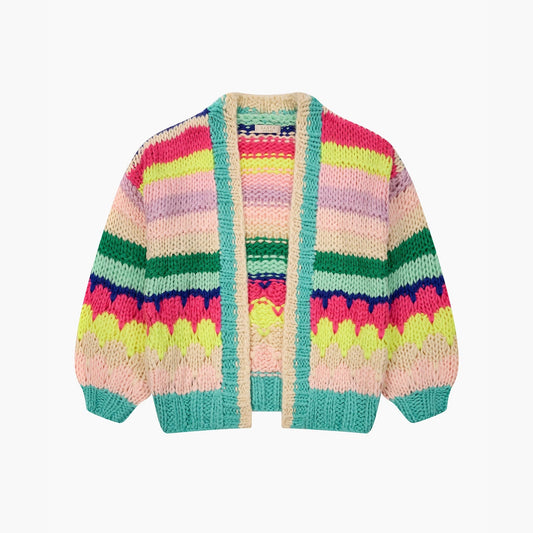 Hand Knitted Rainbow Striped Cardigan in Multi: One-size (UK 8-18)