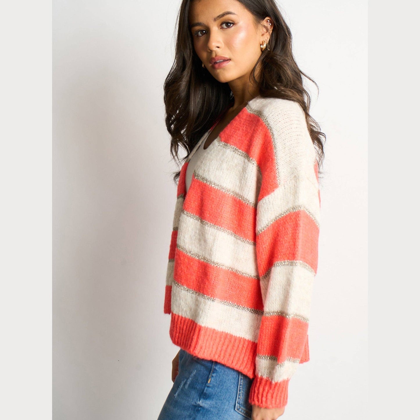 Glitter Striped Italian Wool Blend Cardigan in Coral: One-size (UK 8-18)
