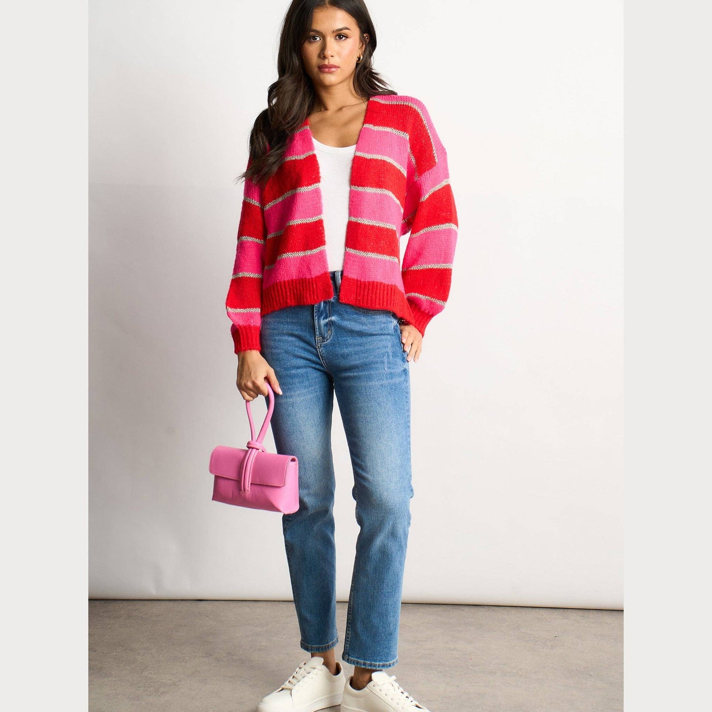 Glitter Striped Italian Wool Blend Cardigan in Red: One-size (UK 8-18)