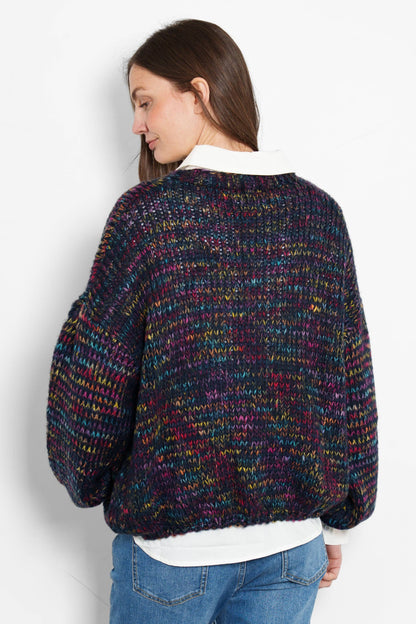 Brodie Wool Blend Cardigan - Navy Blue, Rainbow Knit - Small (UK 8-10)