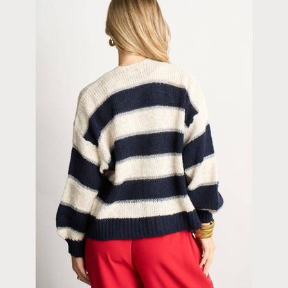 Glitter Striped Italian Wool Blend Cardigan in Navy Blue: One-size (UK 8-18)
