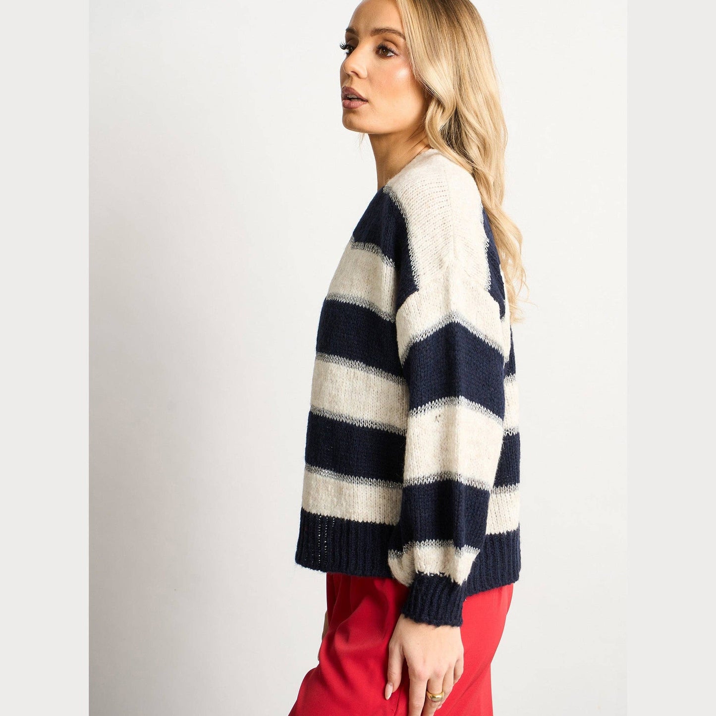 Glitter Striped Italian Wool Blend Cardigan in Navy Blue: One-size (UK 8-18)