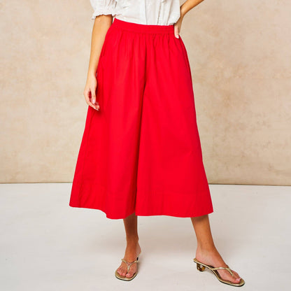 Cropped Wide Leg Cotton Trousers in Red: in 3 sizes