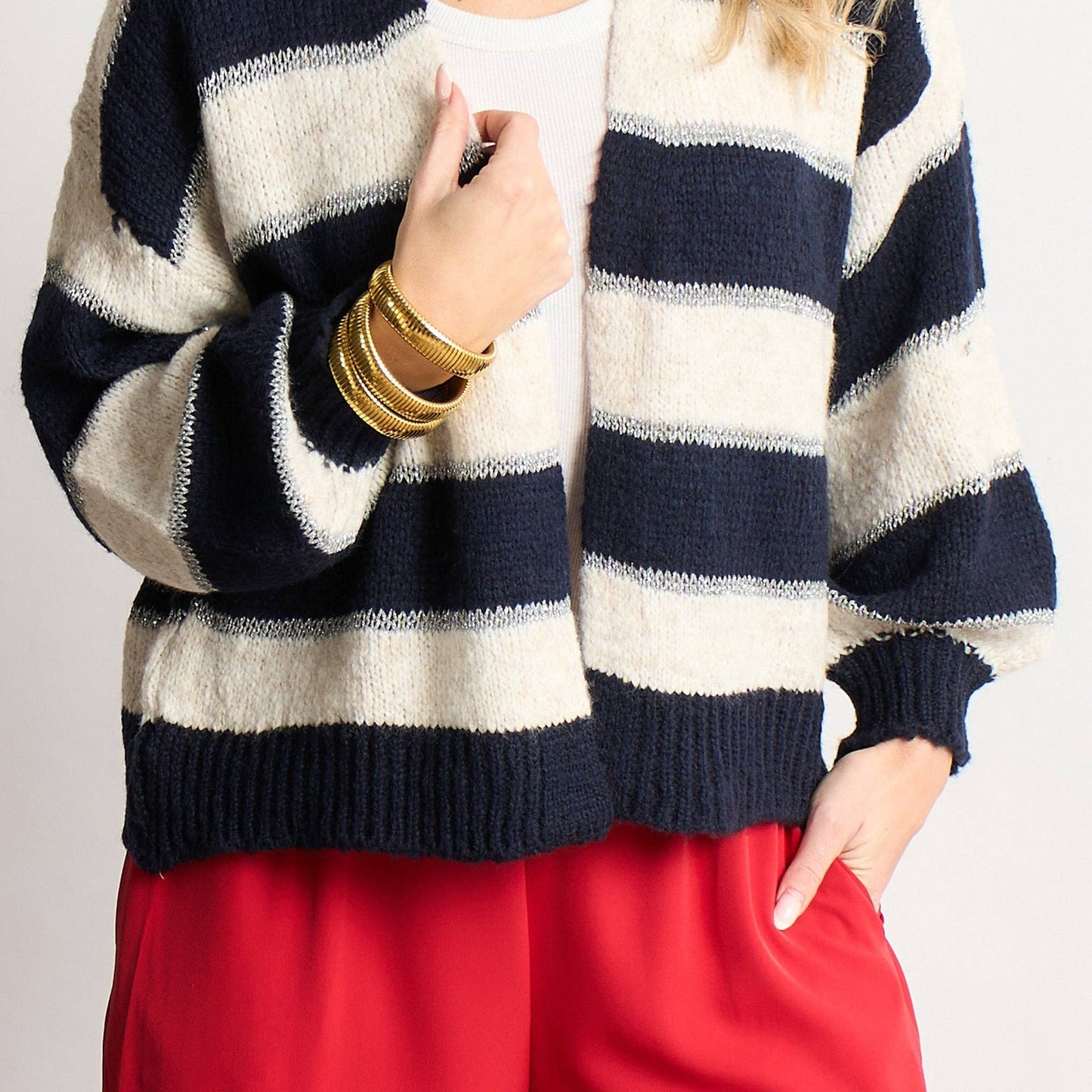 Glitter Striped Italian Wool Blend Cardigan in Navy Blue: One-size (UK 8-18)