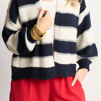 Glitter Striped Italian Wool Blend Cardigan in Navy Blue: One-size (UK 8-18)