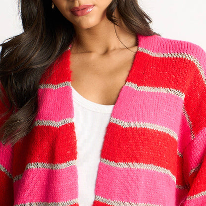 Glitter Striped Italian Wool Blend Cardigan in Red: One-size (UK 8-18)