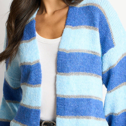 Glitter Striped Italian Wool Blend Cardigan in Blue: One-size (UK 8-18)