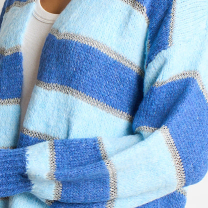 Glitter Striped Italian Wool Blend Cardigan in Blue: One-size (UK 8-18)