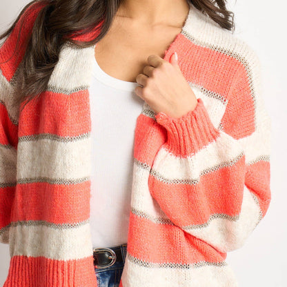 Glitter Striped Italian Wool Blend Cardigan in Coral: One-size (UK 8-18)