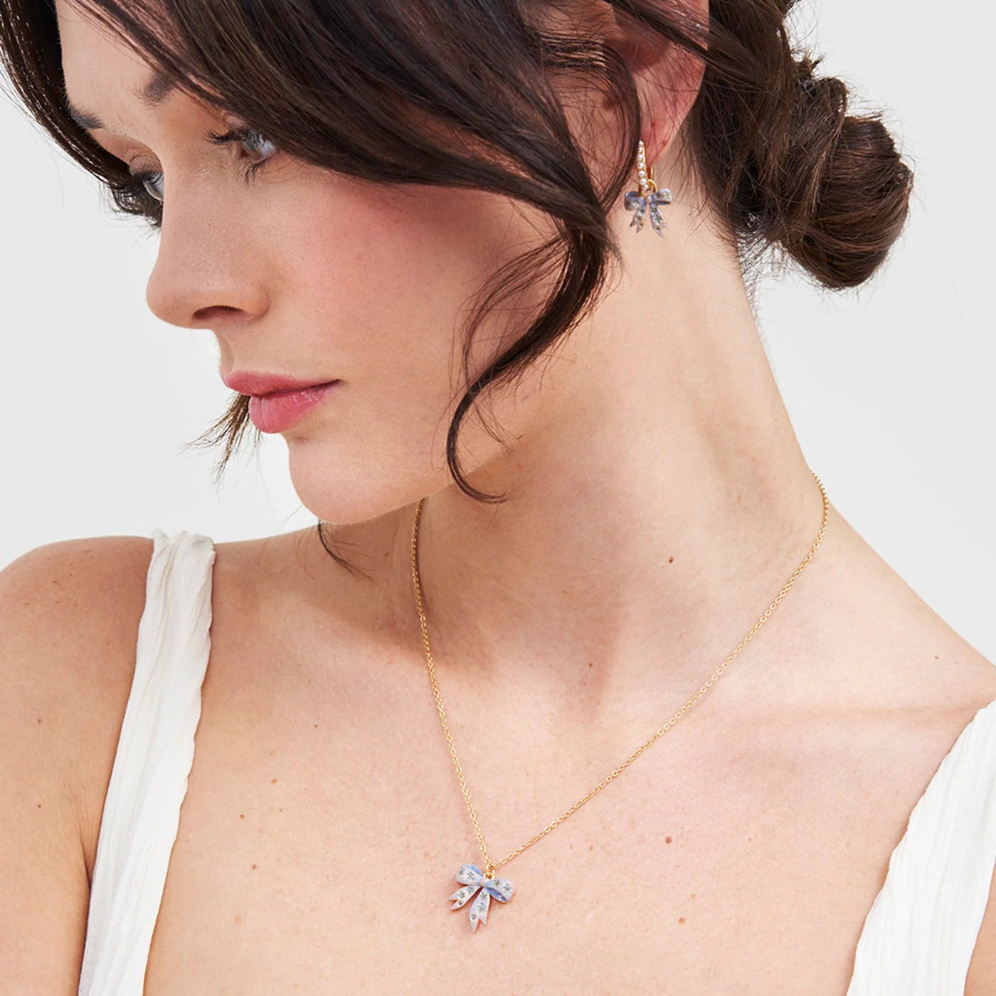 Fable England -Gold Forget Me Not Bow Pendant Necklace