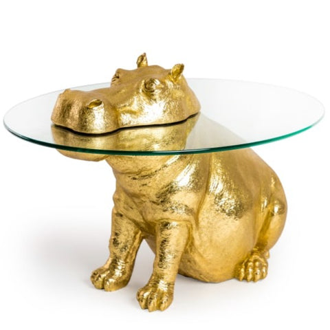 Large Gold Hippo Glass Top Side/Coffee Table