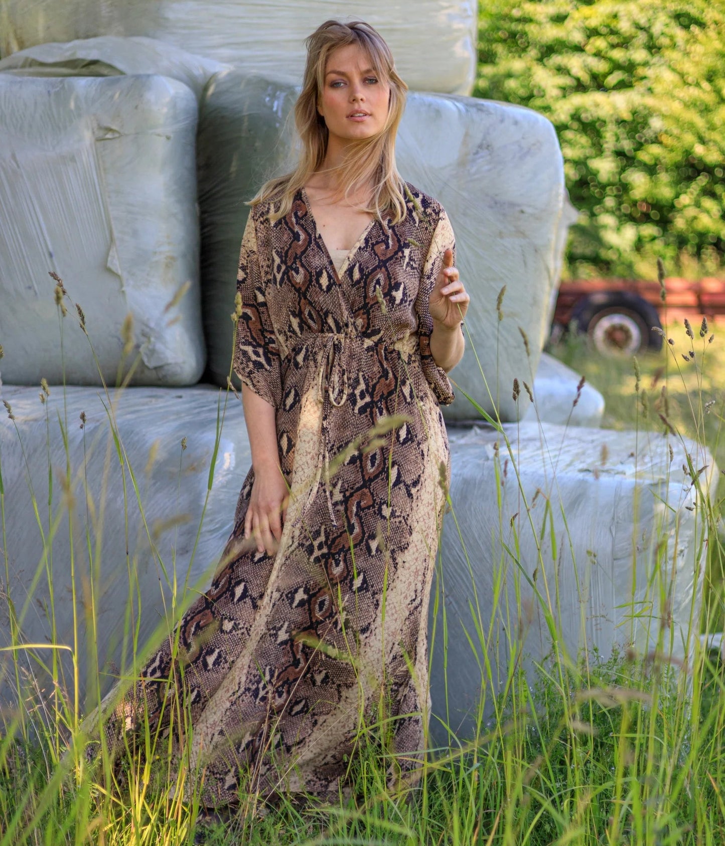 Black Colour Luna Long V Neck Dress - Python