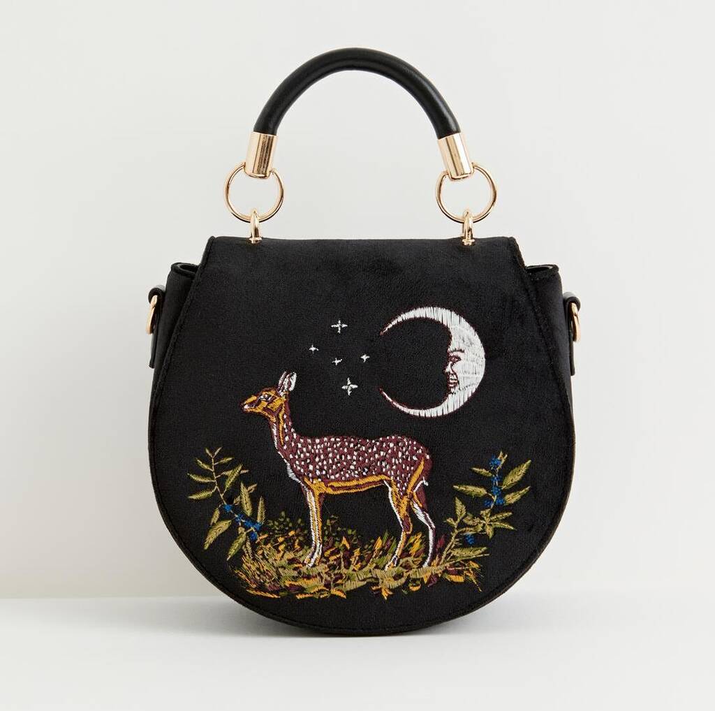 Fable - Deer and the Moon Embroidered Top Handle Saddle Bag