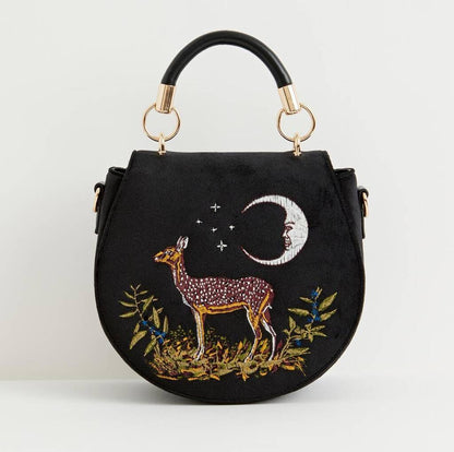 Fable - Deer and the Moon Embroidered Top Handle Saddle Bag