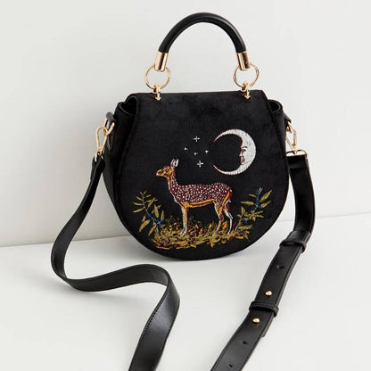 Fable - Deer and the Moon Embroidered Top Handle Saddle Bag
