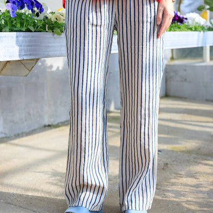 Melina Wide Linen Pant - navy Stripe