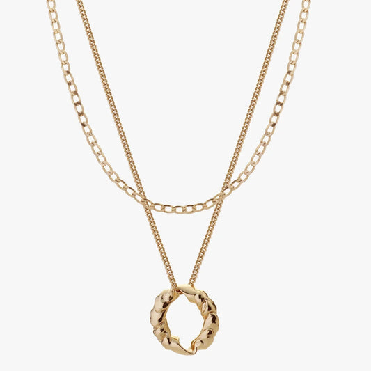 Two gold necklaces with circular pendants on a white background