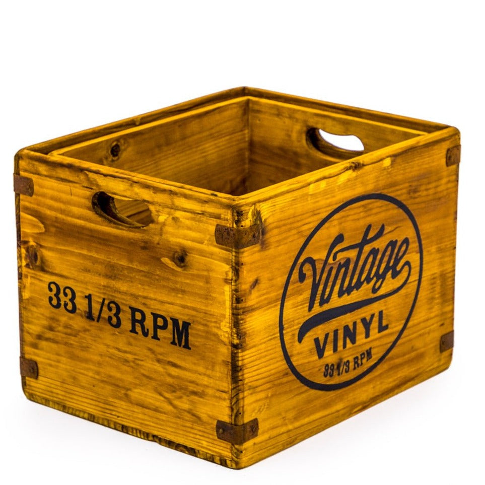 Antiqued Wooden LP Record Storage Boxes in 3 designs/2sizes.-black flamingo store