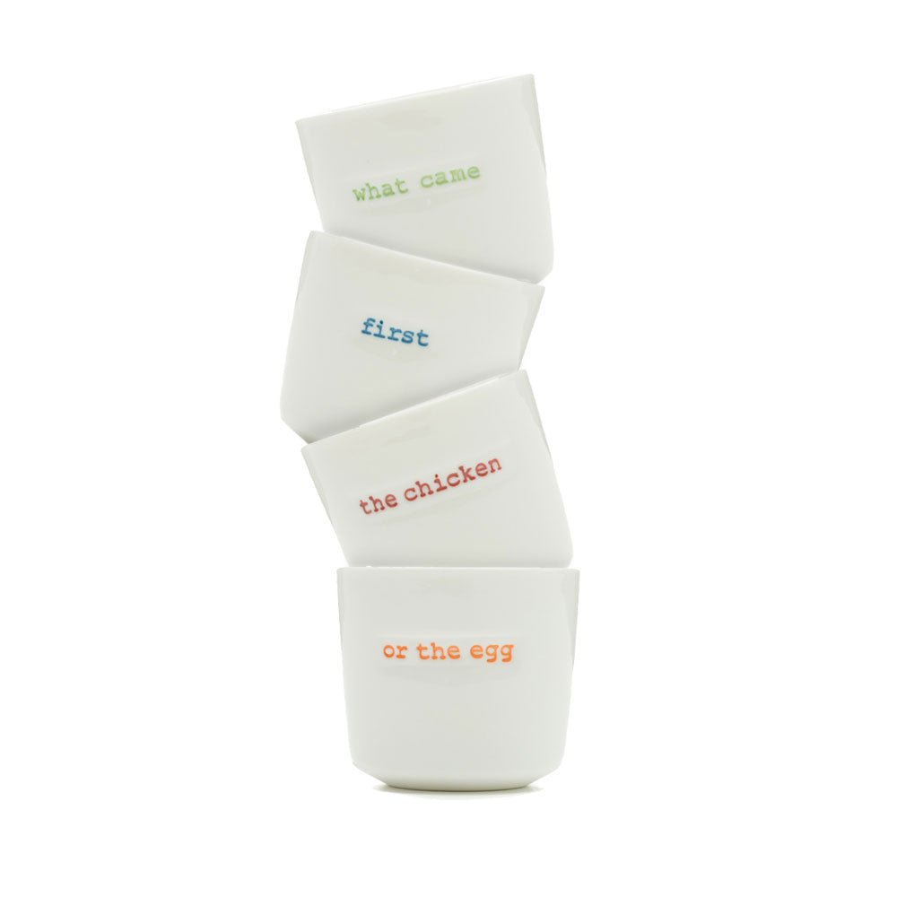 Keith Brymer Jones set of 4 egg cups "what came first the chicken or the egg" - black flamingo store